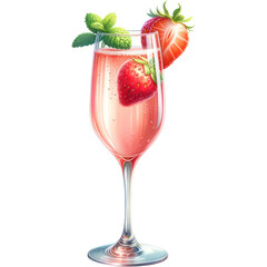 A hyper-realistic watercolor style image of a strawberry and Prosecco mimosa in an elegant champagne flute, PNG Clipart, High Quality Transparent Backgrounds - obrazy, fototapety, plakaty