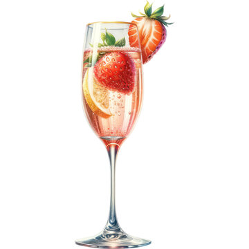 Strawberry and Champagne Cocktail, A hyper-realistic watercolor style image of a strawberry and champagne cocktail in an elegant flute glass, PNG Clipart, High Quality Transparent Backgrounds