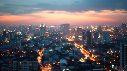 Obraz premium Aerial view of peaceful cityscape before sunrise in business city concept image, panoramic modern metropolis bird’s eye view at evening. Modern city with wireless network connection and city scape.