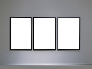 Three transparent cutout vertical picture frames hanging on white wall, Wall art mockup set of 3 posters, blank space frame modern interior style, minimalist