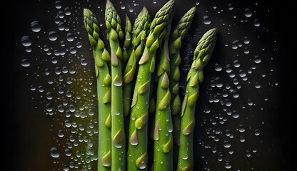 Fresh asparagus with water splashes and drops on black background - obrazy, fototapety, plakaty