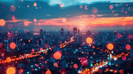Aerial view of peaceful cityscape before sunrise in business city concept image, panoramic modern metropolis bird’s eye view at evening. Modern city with wireless network connection and city scape. - obrazy, fototapety, plakaty