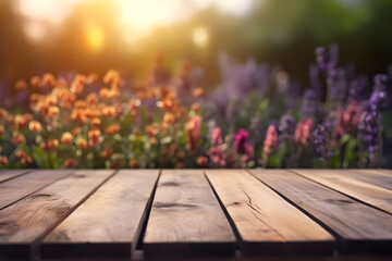 Empty rustic wooden table in front of beautiful flower garden in the sunset with blurry background. Product placement podium. - obrazy, fototapety, plakaty