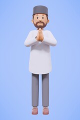 3d man muslim greeting, greeting, pointing and holding phone while smiling with blue background