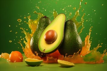 Fresh avocado flying with water splashes on bright color background