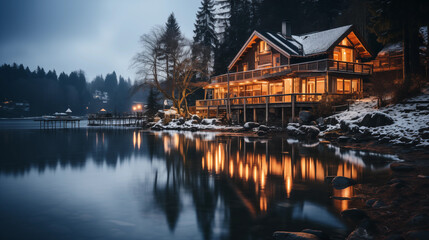 Fototapeta premium Cozy Cabin by a Lake at Dusk