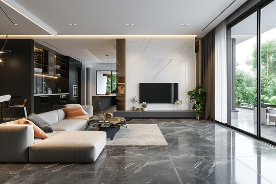 Luxury modern living room with open concept view through to dining room kitchen and dark marble