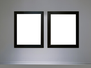 Two transparent cutout vertical picture frames hanging on white wall, Wall art mockup, blank space...