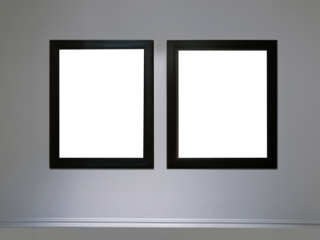 Two transparent cutout vertical picture frames hanging on white wall, Wall art mockup, blank space frame modern interior style, minimalist 