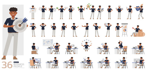 Big Set of office man wear blue shirt character vector design. Presentation in various action. People working in office planning, thinking and economic analysis.