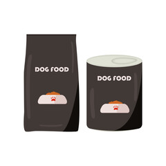 Set of pet food. Vector food packaging and can of canned food for dogs in dark color. Concept for pet products, pet nutrition, veterinary clinic. Flat illustration, eps 10 on a white background.