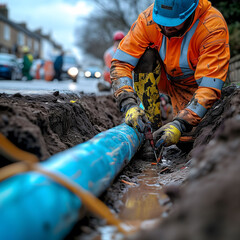 Worker repairs blue pipeline in dug up street - obrazy, fototapety, plakaty