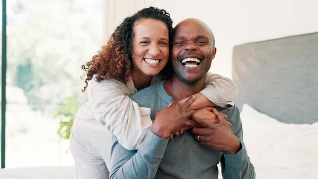 Face, laughing or black couple hug in bedroom bonding together to relax with support, trust or love. Morning, support or portrait of African man with smile, care or happy woman at home in a marriage