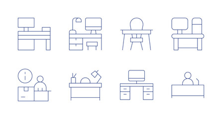 Desk icons. Editable stroke. Containing customersales, infopoint, workplace, desk, witness.