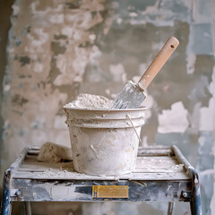 Plastering tools and bucket on scaffold in renovation site