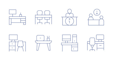 Desk icons. Editable stroke. Containing desk, infocenter, information, workplace.