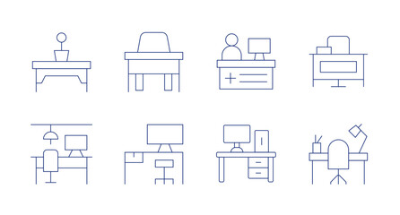 Desk icons. Editable stroke. Containing workspace, coworking, desk, receptiondesk.
