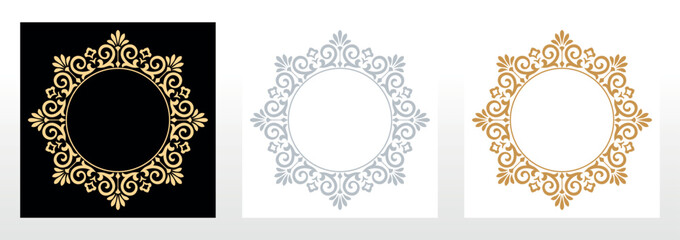 Set of decorative frames Elegant vector element for design in Eastern style, place for text. Floral black, gold and gray borders. Lace illustration for invitations and greeting cards