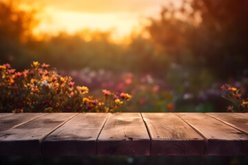 Empty rustic wooden table in front of beautiful flower garden in the sunset with blurry background. Product placement podium.