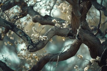 Ultra realistic photo of gnarled oak branches bedecked with fragrant blossoms, atmospheric, cinematic, high definition, depth of field, 8K, in the style of a kodak portrait 