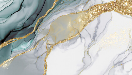 Jade, grey and gold marble texture. Abstract vector background in alcohol ink technique. Modern paint in natural colors with glitter. Template for banner, poster design. Fluid art painting - obrazy, fototapety, plakaty