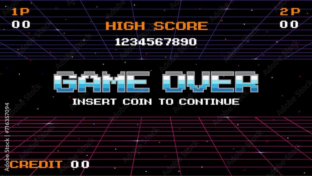 Aufkleber game over insert a coin to continue .pixel art .8 bit game. retro game. for game assets.