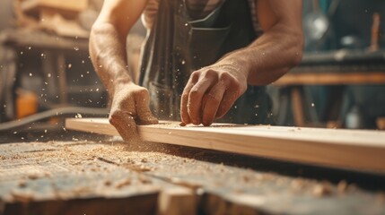 man owner a small furniture business is preparing wood for production. carpenter male is adjust wood to the desired size. architect, designer, Built-in, professional wood, craftsman, workshop..