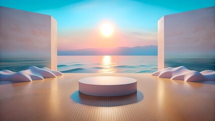 photorealistic shot of a minimalist and sea with beach background  with empty product podium