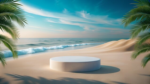 photorealistic shot of a minimalist and sea with beach background  with empty product podium