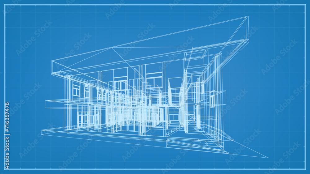 Poster 3d perspective render of wireframe architectural construction. 3d building wireframe. vector illustr