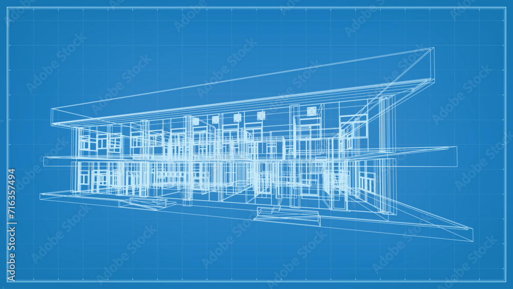 Poster 3d perspective render of wireframe architectural construction. 3d building wireframe. vector illustr