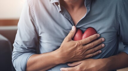 hand hold chest with heart attack symptoms, asian woman working hard have chest pain caused by heart disease, leak, dilatation, enlarged coronary heart, press on the chest with painful expression