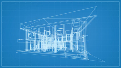 3D perspective render of wireframe architectural construction. 3D building wireframe. Vector illustration.