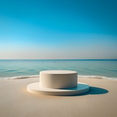 Fototapeta na wymiar photorealistic shot of a minimalist and sea with beach background with empty product podium