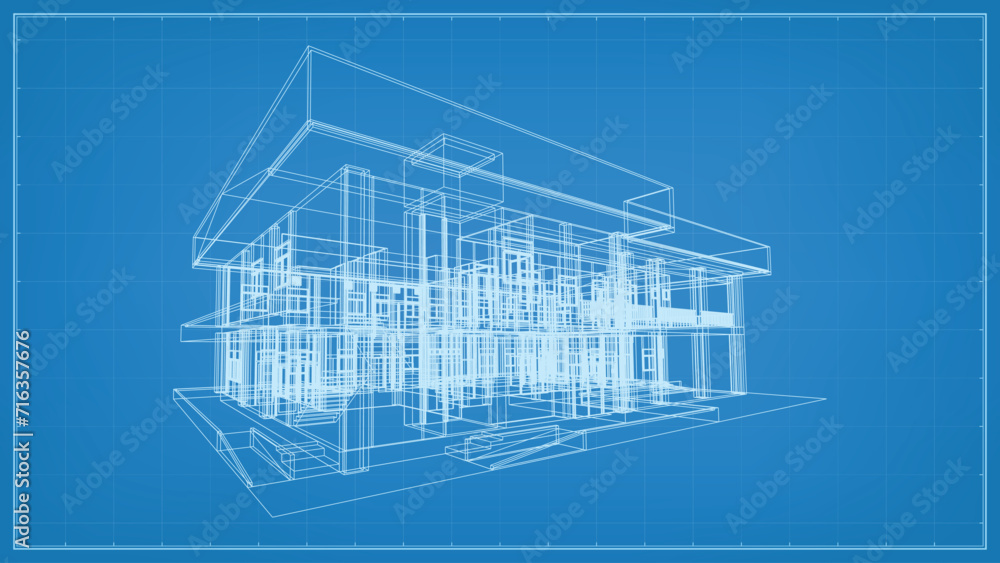 Aufkleber 3d perspective render of wireframe architectural construction. 3d building wireframe. vector illustr