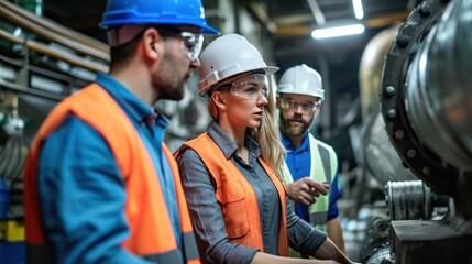 Industrial workers in safety vests and hard hats collaborating on a project, engineer, industrial, safety, construction, factory, building, development, architect, production