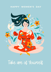 Illustration with meditating woman, flowers and birds. Vector design concept for International Women s Day and other