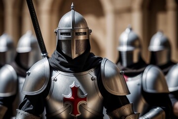 Templar Knights with Armor and Horse and Red Cross. Generated AI - obrazy, fototapety, plakaty