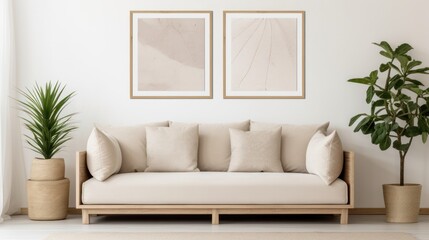 interior design of modern living room with beige fabric sofa and cushions. White wall with frame and space for text, living, furniture