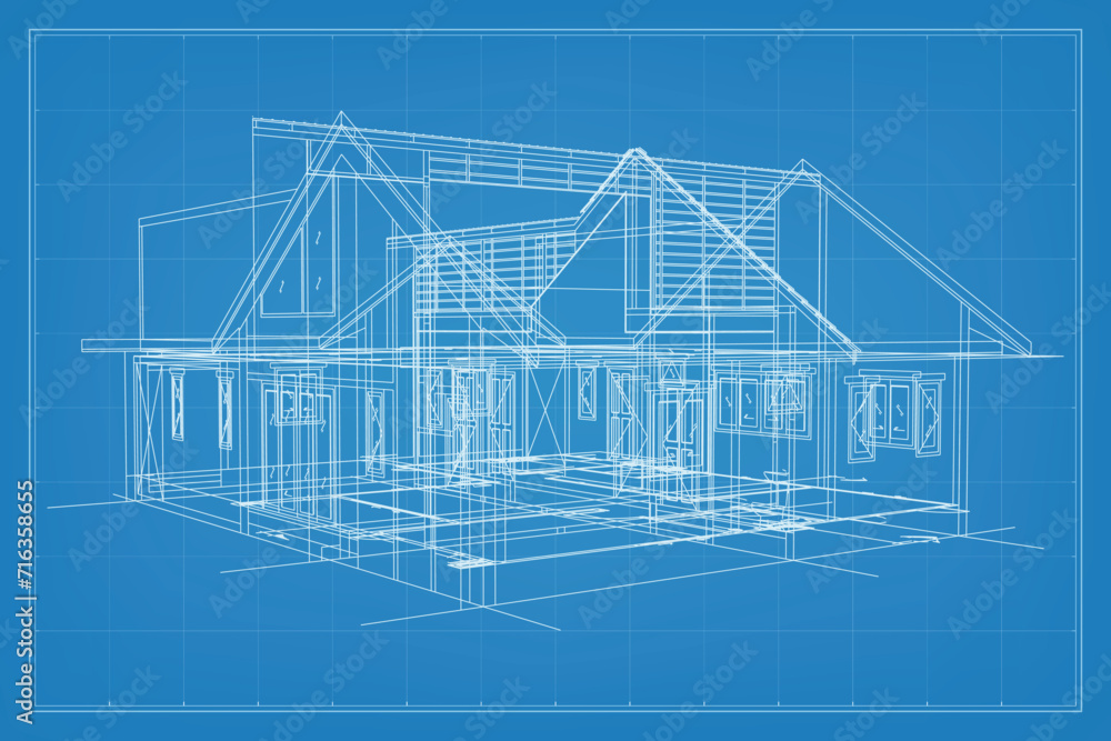 Aufkleber 3d render of building wireframe structure. perspective wireframe of house exterior. abstract constru