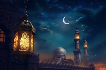 Ornamental Arabic lantern with burning candle glowing at night. Muslim holy month Ramadan Kareem with mosque at the background - obrazy, fototapety, plakaty