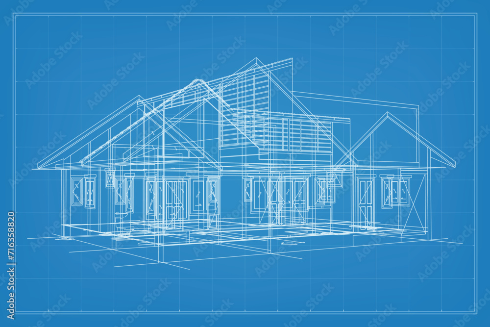 Aufkleber 3d render of building wireframe structure. perspective wireframe of house exterior. abstract constru