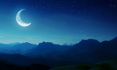 Fototapeta premium Panorama view of Night sky and moon, stars,Ramadan Kareem celebration.Serenity mountain background, outdoor.