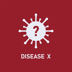 Disease X, a new pandemic. A virus of a hypothetical unknown threat, with a question mark. Medicine and healthcare concept. Flat vector illustration on red background, eps 10.