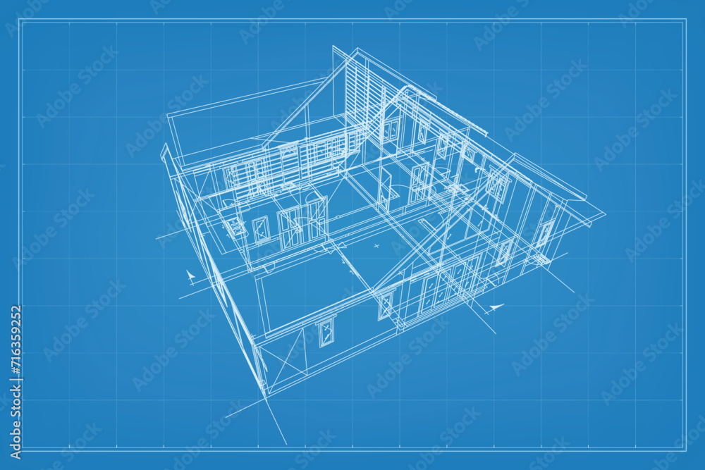 Poster 3d render of building wireframe structure. perspective wireframe of house exterior. abstract constru