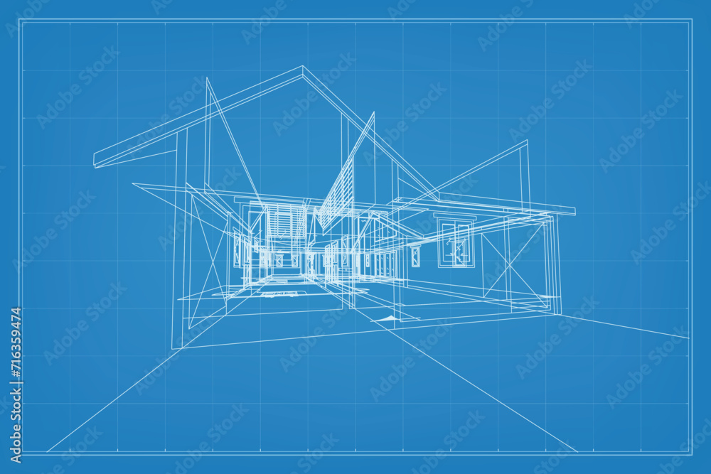 Poster 3d render of building wireframe structure. perspective wireframe of house exterior. abstract constru