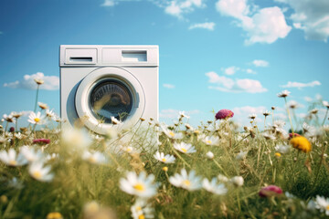 Spring freshness and the smell of washed laundry, a white washing machine in a meadow full of fresh spring flowers, laundry detergent and fabric softener.