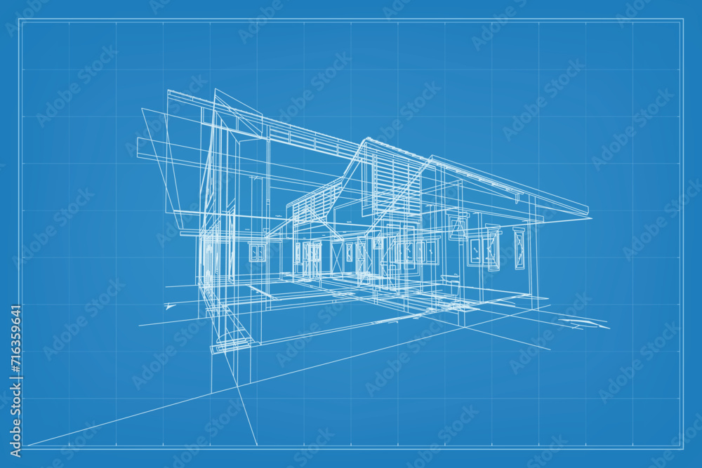 Poster 3d render of building wireframe structure. perspective wireframe of house exterior. abstract constru