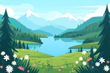 Mountains and river or lake landscape. View of wilderness, mountainous area with pine tree forests. Hills and meadows with blooming flowers. Vector illustration in flat cartoon style