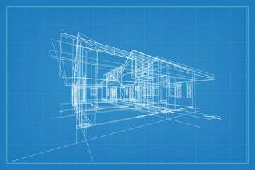 3D render of building wireframe structure. Perspective wireframe of house exterior. Abstract construction graphic idea. Vector illustration.